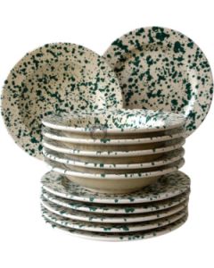 Set De Mesa De Terracota, Acabado Moteado Con Salpicaduras Verdes, 12 piezas
