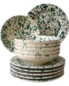 Set De Mesa De Terracota, Cuenco Moteado Con Salpicaduras Verdes, 12 pz